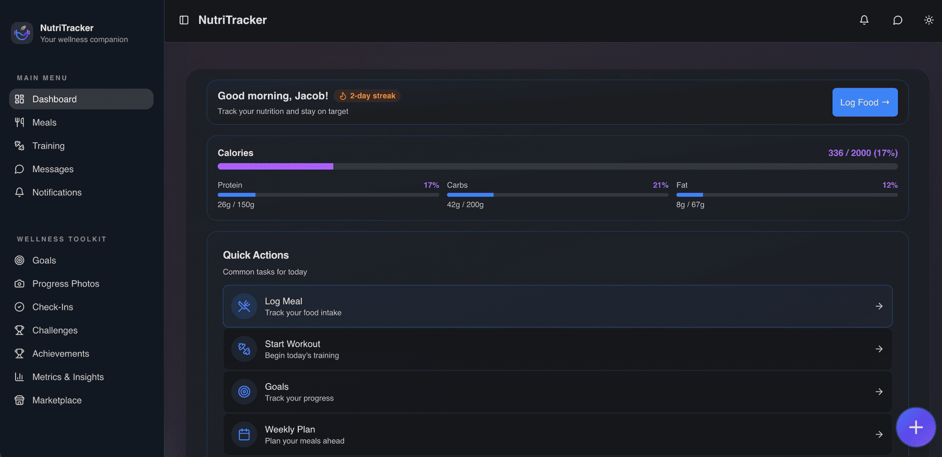NutriTracker Dashboard showing daily nutrition summary with calories, macros, and meal log